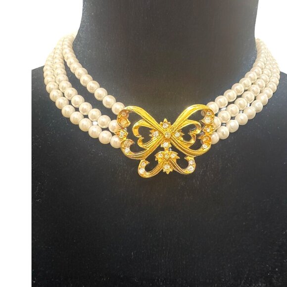 Avon Nina Ricci Jewelry - Vintage Avon Nina Ricci Triple Strand Faux Pearl Necklace W Gold Tone Butterfly